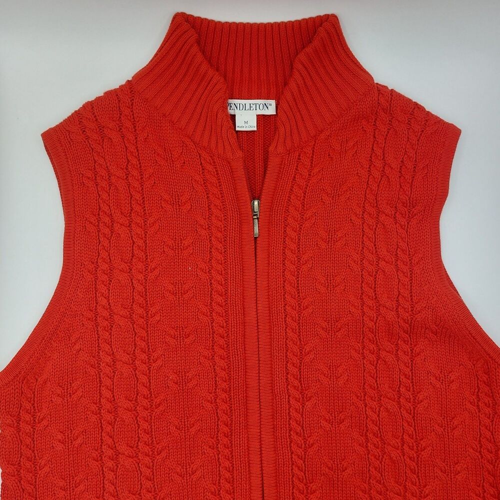 Pendleton Cable Knit Full Zip Sweater Vest Women's Size Medium Red Cotton